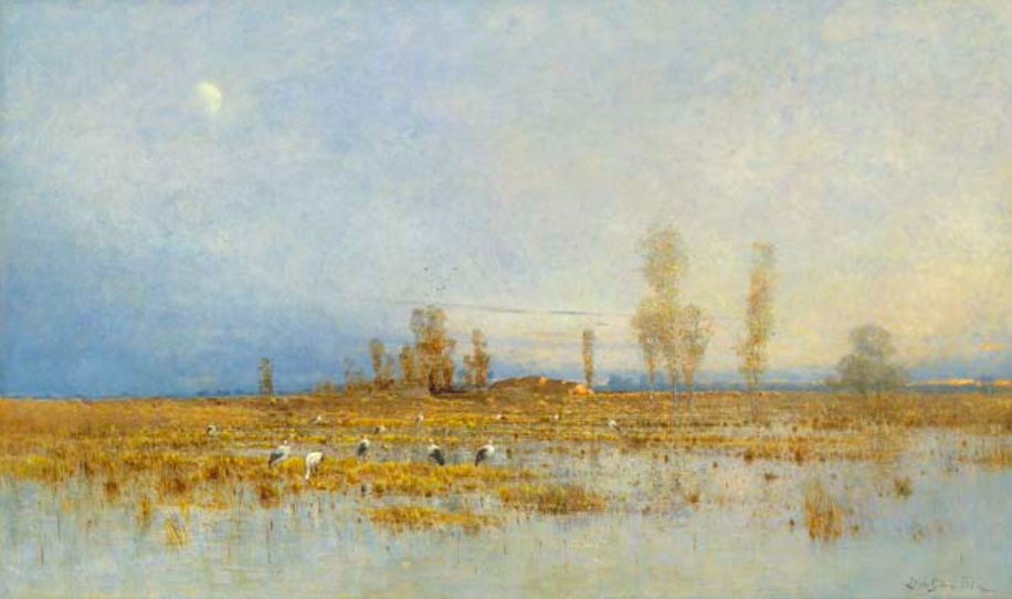 Gólyatanya a magyar alföldön 1888 olaj vászon 76 5x129 cm jelezve jobbra lent b von spányi 888 münchen mű terem galéria 14. aukció Gólyatanya a magyar alföldön 1888 olaj vászon 76 5x129 cm jelezve jobbra lent b von spányi 888 münchen mű terem galéria 14. aukció